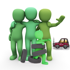 A group of three green tinted stylised people with hands around their sholders with in front, a child playing with small tyres. In the backgrounds is a small red 4WD vehicle.